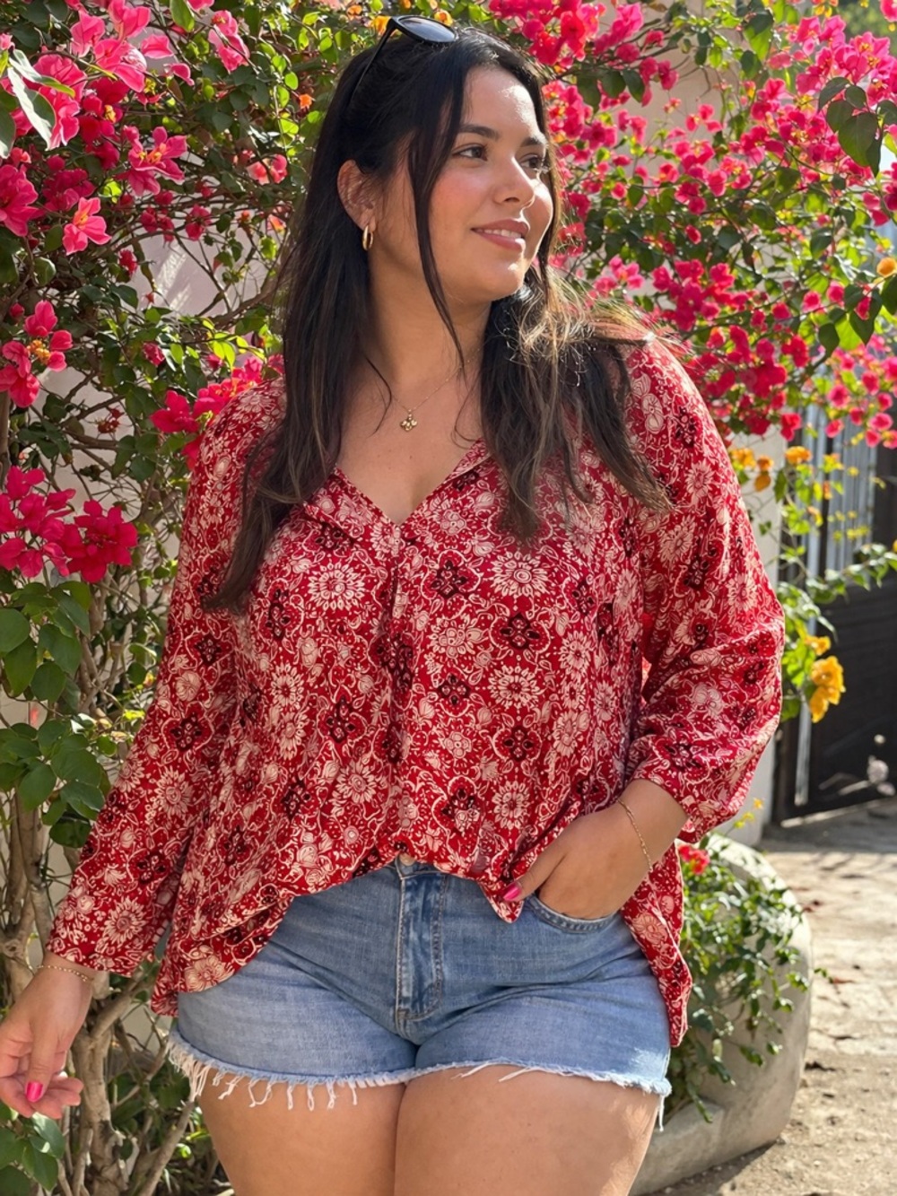 LOFT Blouse M New Red Boho Floral Flowy V-Neck MUST HAVE 🔥